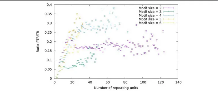 FIGURE 7 | Ratio of the number of PTR over the number of candidate TR (PTR/TR ratio), subdivided in classes characterized by the size of the motif in the range 2–6 (color) and by the number of repeating units in the reference genome (abscisa)