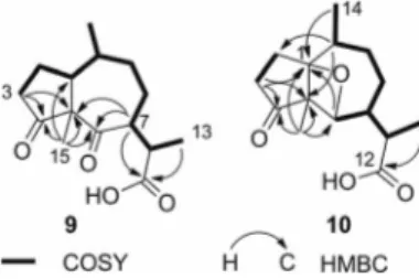 Figure 1. COSY and key HMBC cross-peaks of 6-oxodihydro- 6-oxodihydro-damsinic acid (9) and ambroxetane (10).