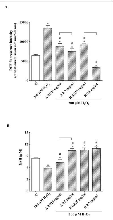 Fig.  6.  Effects  of  HUVEC/RPE  cells  co-culture  on  ROS  (A)  and  GSH  (B)  production  in  RPE  cells