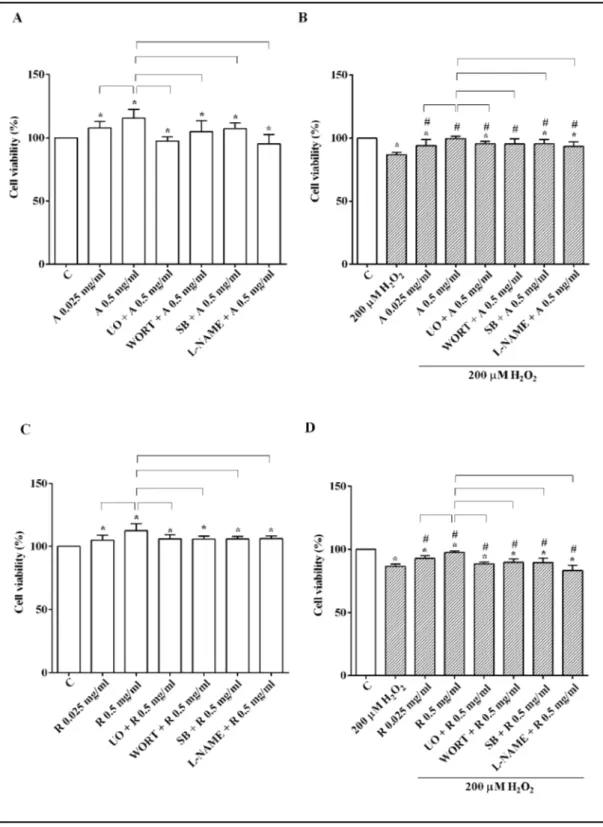 Fig. 2. Effects of HUVEC/RPE cells co-culture on RPE cell viability in physiological (A and C) and peroxidative  (B and D) conditions