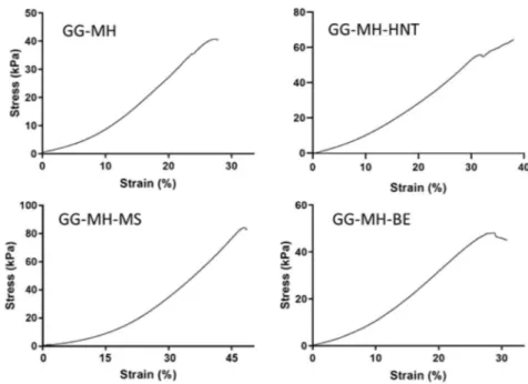 Fig. 4. Typical stress-strain curves obtained by compression test for the bare GG-MH hydrogel and the reinforced GG MH with HNT, MS and BE.