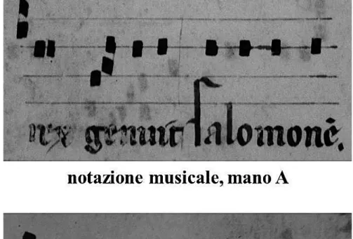 Fig. 8. Esempi di notazioni musicali scritte dalle due mani distinguibili a livello stilistico.