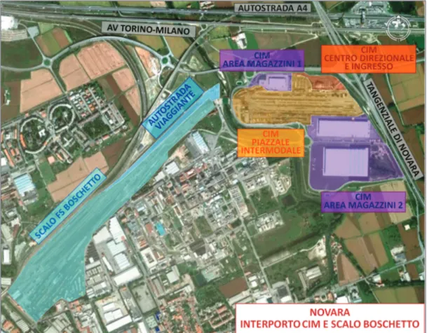 Fig. 9  – Il layout dello Scalo Boschetto e dell’Interporto di Novara (Fonte: elaborazione su immagini Tele Atlas ed Europa Technologies, 2011)
