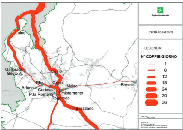 Fig. 2  – I flussi di traffico ferroviario merci (Fonte: Regione Lombardia, 2001)
