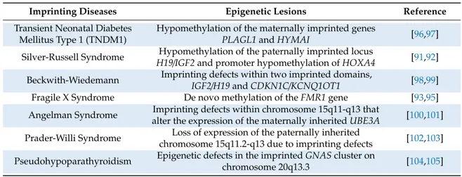 Table 1. List of the best-known imprinting diseases and associated epigenetic lesions.