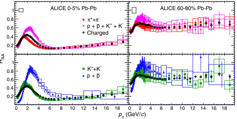 Fig. 6. (Color online.) The nuclear modiﬁcation factor R AA as a function of p T for different particle species