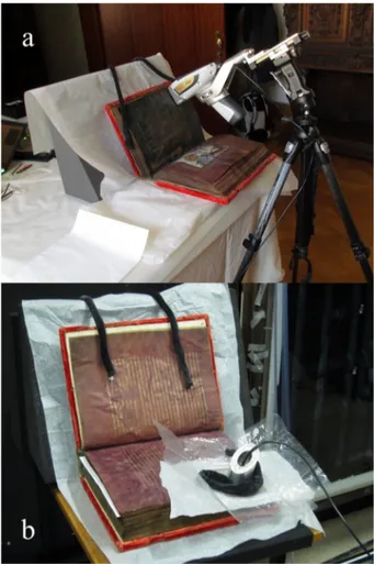 Fig. 1. (a) Handheld XRF and (b) FORS analysis on the Coronation Gospels.