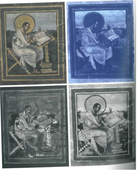 Fig. 2. Evangelist Matthew, Coronation Gospels, folio 15r: (a) visible light image; (b) UV ﬂuorescence image; (c) X-ray radiography; (d) IR reﬂectogram (©: KHM-Museumsverband).