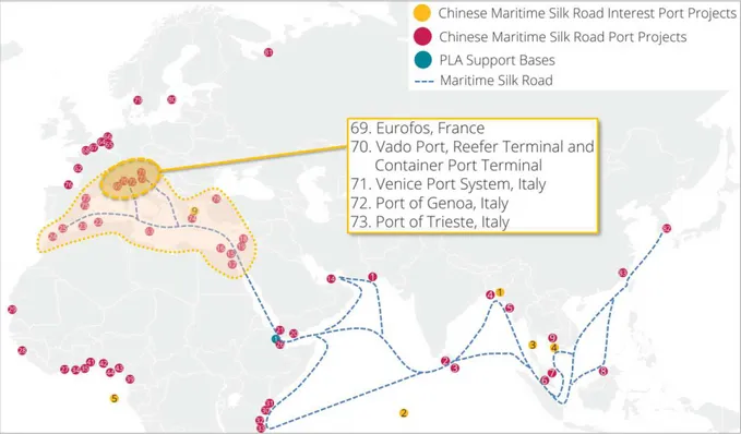 Figura  2.  I  porti  localizzati  lungo  la  MSR  interessati  da  investimenti  cinesi  (focus  mediterranea)