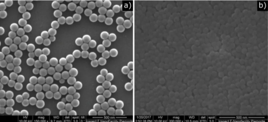 Figure 1. Representative scanning electron microscopy (SEM) image of the polystyrene nanoparticles: (a) sample PS120, (b) sample PS60.