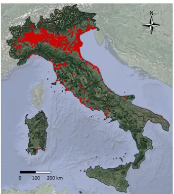 Figure 1.  Incidental observations: distribution of the sacred ibis in Italy in the period from 1989–2019