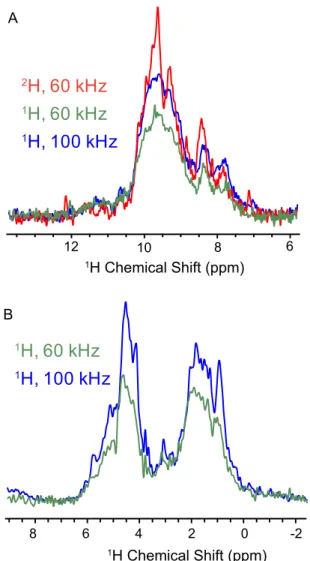 Fig. S3. Comparison of sensitivity of AP205CP in the 1.3- and 0.7-mm probes. In A, 1D 15 N- 1 H CP-HSQC spectra acquired either in a 1.3-mm probe at 60-kHz MAS with perdeuterated AP205CP (red), a 1.3-mm probe at 60 kHz with protonated AP205CP (green), or i