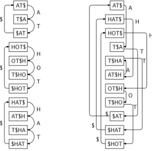 Fig. 4. Left: A ﬁnite automaton accepting all circular substrings of AT$, HOT$, HAT$; all states are initial and accepting