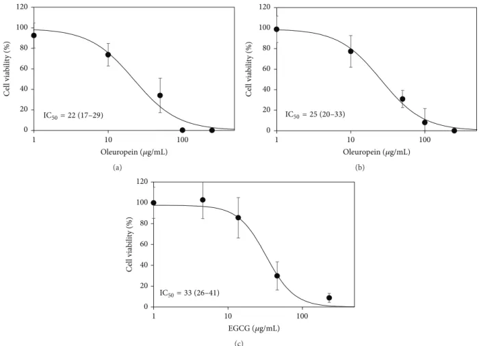 Figure 2: Dose-response data of cell viability obtained with the MTT assay after exposure of REN cells for 48 h to the oleuropein-enriched fraction (60% oleuropein) (a), standard oleuropein (b), and EGCG (c)