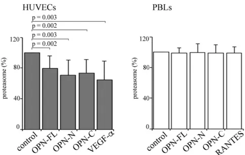 Figure 4.  OPNs and VEGF-α partially inhibit the release of proteasome by HUVECs. The proteasome  release by HUVECs (left panel) and PBLs (right panel) in serum-free medium with OPN-FL, OPN-N,  OPN-C and VEGF-α  (with HUVECs) or RANTES (with PBLs) is shown