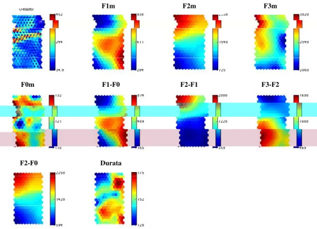 Figure 6. Visualizzazione della U-Matrix e dei valori di ciascuna delle 9 componenti  delle  vocali nel corpus TONICO PARLATO LETTO