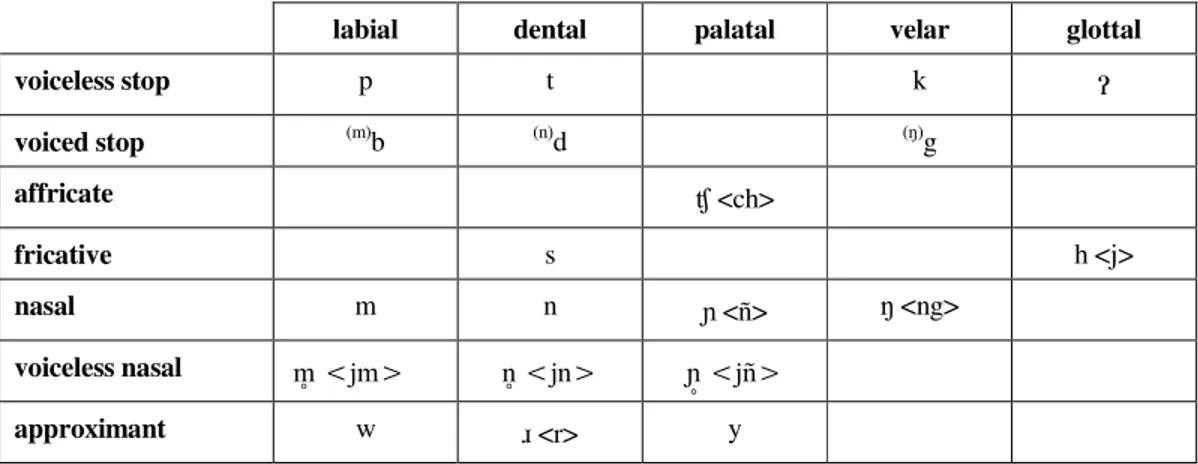Table 2. Ayoreo consonant chart (orthographic conventions between angled brakets) 