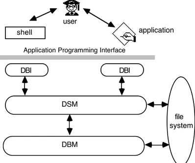 Figure 5. The programs for the data base administration.DSMDBM    file systemDBI                                                           DBIapplicationshelluser  