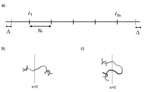 Figure 3.1: (a) Position of the n e entanglements along the chain. Continuous bars represent entangled chains crossings while dashed ones are just an aid to the eye