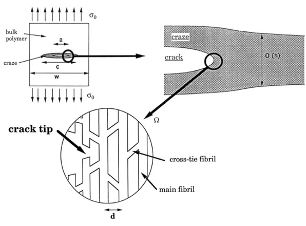 Figure 3.6: Schematic diagram illustrating the geometry of a crack inside a craze un- un-der external loading