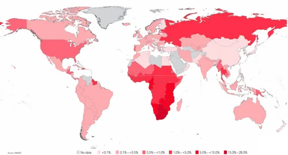 Figure 1-1. A global view of HIV-1 infection. According to the World Health Organization,  34 million people were living with HIV-1 at the end of 2010 (WHO – UNAIDS)