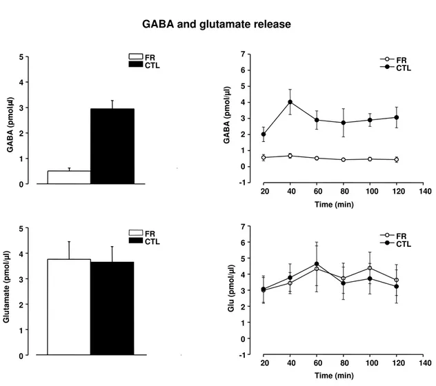 Figure 6: FR is accompanied by reduced GABAergic inhibition. In vivo brain microdyalisis revealed a significant decrease of GABA release in the visual cortex of FR rats (n=7; pmol/µL=0.51±0.12; t-test p&lt;0.001) with respect to controls (n=5; pmol/µL=2.94