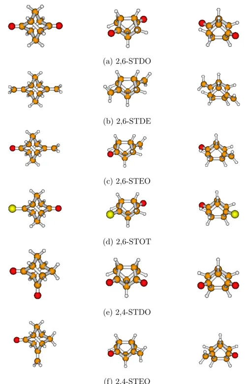 Figure 1: Structures of stellane molecules from three different perspectives.