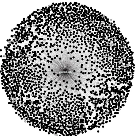 Fig. 4 Ego-network of Antonio Magliabechi (in the center of the visualization). The black nodes correspond to a 