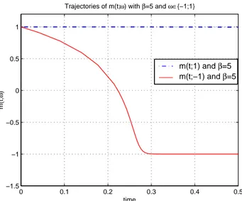Figure 3.2: In this gure we plot the trajectories of m(t; ω), t ∈ [0, 5·10 −4 ] and β = 5.