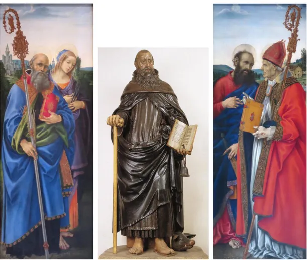 Fig. 3: Benedetto da Maiano e Filippino Lippi, frammenti della Pala di S. Antonio abate già nella chiesa di  Santa Maria del Corso a Lucca, 1482-1483 (3a / 3c: Filippino Lippi, S