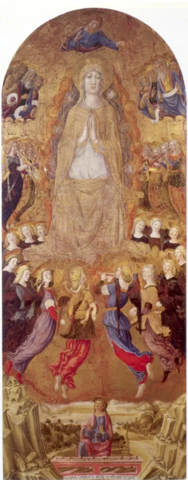 Fig. 9: Lorenzo di Pietro detto il Vecchietta, Pala dell’Assunta, entro il 1462 (particolare con il pannello  centrale)