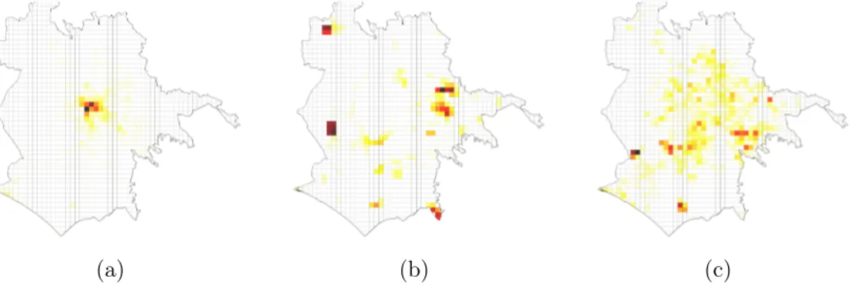 Figure 4-6: Examples of node (cell) features in Rome (a) Number of restaurants (b) Proportion of grid cell area allotted to industrial activity (c) Cell area alotted to parking