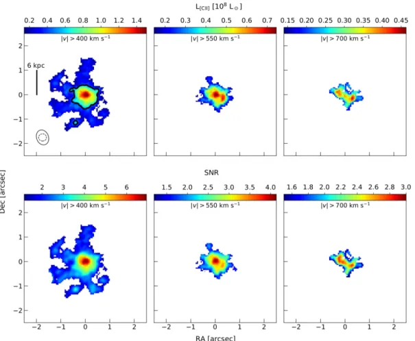 Fig. 8. Top: luminosity maps of the high-velocity [CII] emission derived from the whole sample stacked cube
