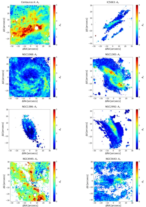 Fig. A.1. Maps of the total extinction in V band A V , obtained from the Balmer decrement Hα/Hβ, for Centaurus A, IC 5063, NGC 1068, NGC 1365,