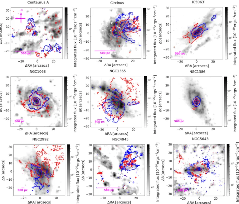 Fig. 2. Hα disc component flux maps (not corrected for dust reddening) for all the galaxies, namely Centaurus A, Circinus, IC 5063, NGC 1068, NGC 1365, NGC 1386, NGC 2992, NGC 4945, and NGC 5643