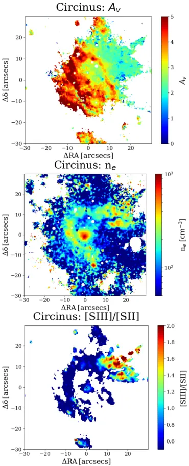 Fig. 3. ISM properties in the Circinus galaxy. Top panel: map of the total extinction in V band A V obtained from the Balmer
