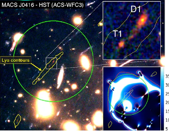 Figure 1. HST composite colour (red=F105W, green=F814W, blue=F606W) 35 00 ×35 00 image of the Lyman-α arc in the galaxy cluster MACS J0416 (traced by the yellow contours, plotted at 1-σ) at z = 6.145 observed in our ALMA program