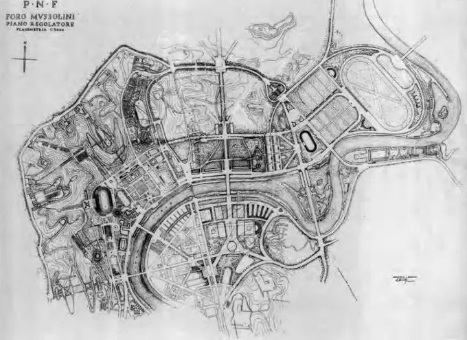 Fig. 5 - L. Moretti, Foro Mussolini, Urban Design, project, 1940-41. (From C. Rostagni, 