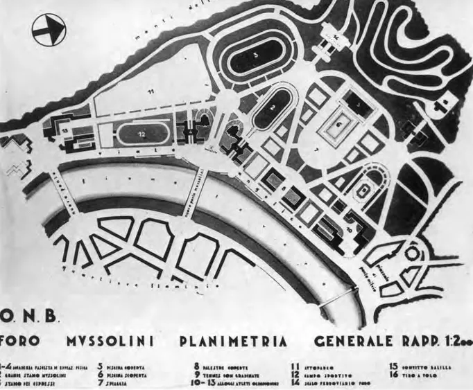 Fig. 1 - E. Del Debbio, Foro Mussolini general plan, project, 1932. (From A. Santuccio, 