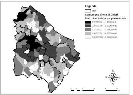 Fig. 5 – Cartogramma della probabilità di inclusione per i comuni di ogni strato della pro- pro-vincia di Chieti 