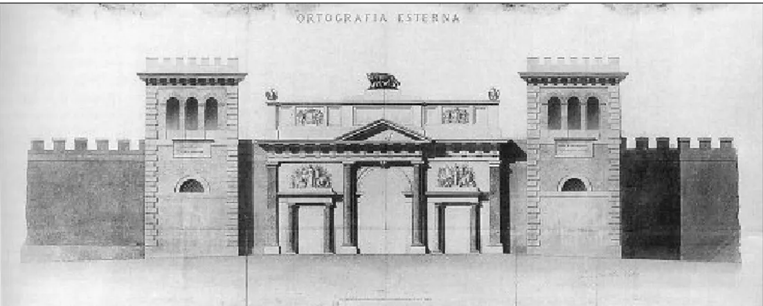 Fig. 1 – Paolo Emilio Valeri, progetto vincitore del Concorso Poletti per una porta di grande città fiancheggiata da mura di cinta (1872), “ortografia esterna” (elaborazione grafica Luigi  Paolanto-nio da Catini 1999)