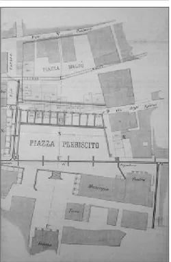 Fig. 2 – Filippo Sargiacomo, progetto di sistemazione  delle  vie  del  Popolo,  dei Frentani e di piazza del Plebiscito a  Lan-ciano (1880-81), planimetria di progetto (Toraldo, Ranalli, Dante 2013)