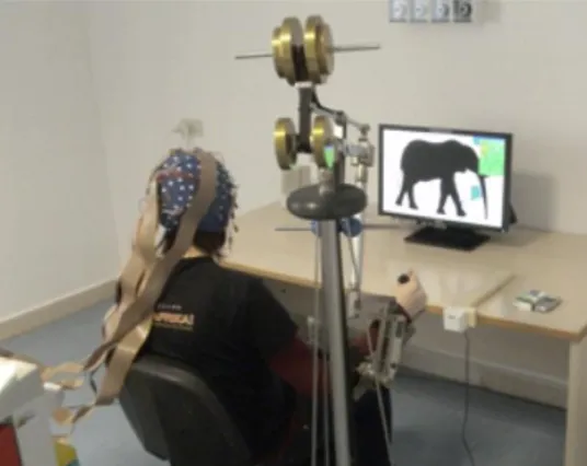 Figure 1.   Example picture of the Trackhold with a volunteer grabbing the  end-effector, the HR-EEG system and the VR application Sponge