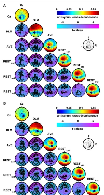 FIGURE 7 | Effects of the EEG reference choice on the estimation of alpha-beta connectivity using the antisymmetric cross-bicoherence