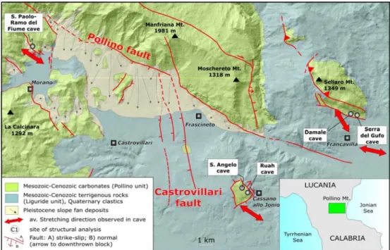 Fig. 1 – Carta geologico-strutturale schematica del settore SE del Pollino con localizzazione delle grotte studiate