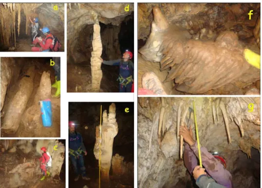 Fig. 3 – Measured and sampled speleothems: a) active stalactites in the Inter-bed Conduit beneath the P9 (Branch A, Serra del Gufo);  b) stalagmite SGRB, whose top is dated at 181 ka (Tourist Branch, Serra del Gufo); c) stalagmite SG2A, collapsed and regro