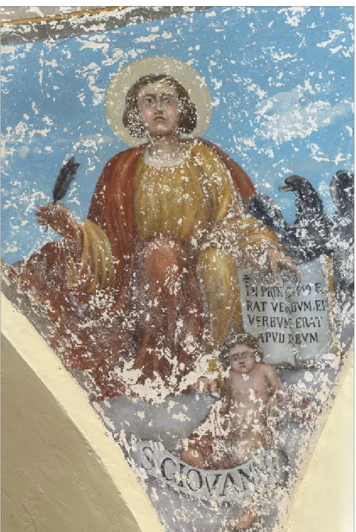 Fig. 13 – Bugnara, chiesa della Madonna della Neve, affresco di S. Giovanni su di un pen- pen-nacchio della cupola (foto Luca Del Monaco)