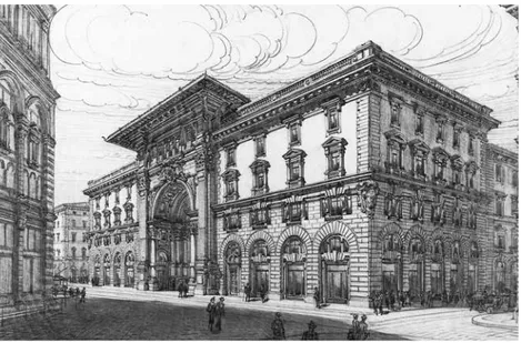 Fig. 5 – Adolfo Coppedè e Carlo Mercati, progetto per la realizzazione della Galleria  Mussolini a Firenze, prospettiva (1926)
