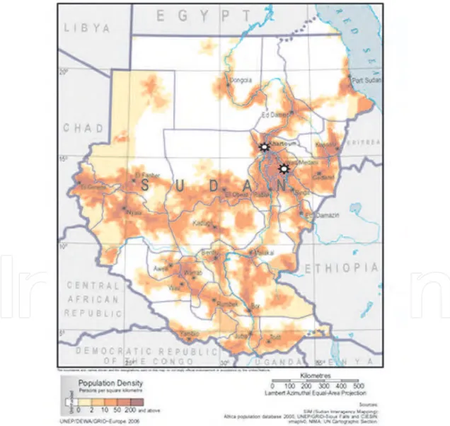 Fig. 9. Distribution of the population in Sudan. The stars indicate the only two cancer  institutions, the Radiation and Isotope Center (RICK), and the National Cancer Institute of  the University of Gezira (NCI-UG)