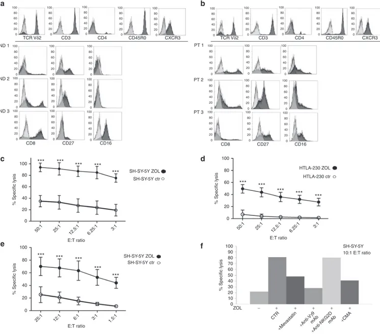 Figure 1  Immunophenotypic and cytotoxic properties of Vγ9Vδ2 T cells expanded in vitro by ZOL stimulation of PBMC from normal donors  and patients with NB